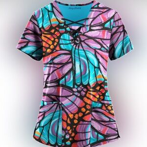 Easy STRETCH Onyx Butterflies Women's 4-Pocket Lace Up Print Scrub Top- Medium
